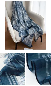 Detailed close-up view showing the exquisite blue and white pastoral print on a silk shawl