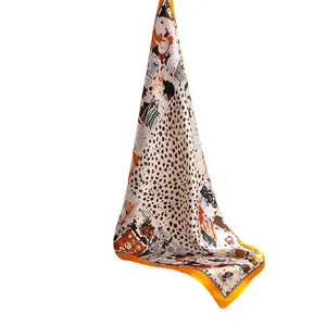 53cm orange leopard print silk satin square scarf with artistic comic illustrations
