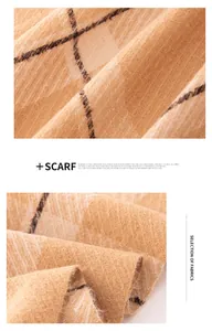 Macro detail of soft plaid scarf fabric showing warm texture and thick weave.