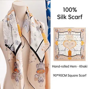 Luxury Mulberry Silk Square Scarf Hand Rolled Edge Double Sided Printed Retro European Floral Heart Scarf For Women Shawl Gift