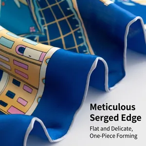 Premium blue mulberry silk scarf featuring meticulous hand-rolled edges and architectural print