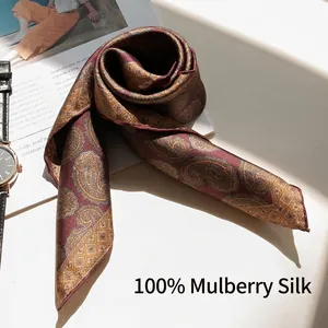 Elegant 100% mulberry silk square neck scarf featuring a classic vintage paisley pattern