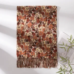Elegant autumn floral print scarf for women with soft tassels, faux cashmere winter shawl