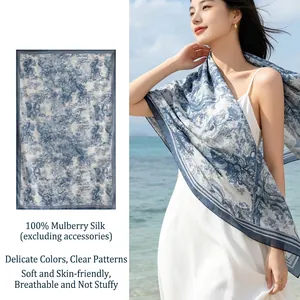 Women Mulberry Silk Scarf Toile de Jouy Print Long Rectangular Shawl French Artistic Vintage Landscape Sunscreen Silk Wrap