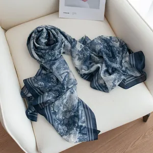 Elegant mulberry silk scarf with blue and white toile de jouy floral pattern design