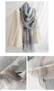 Detail showing the fine texture and ink magnolia print of the mulberry silk scarf
