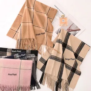 Thick checkered cashmere-like warm scarves in multiple color options with elegant tassels