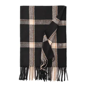 Classic plaid thick warm scarf for women made of soft imitation cashmere with fringes
