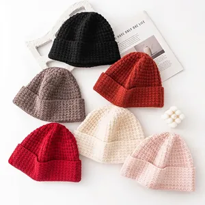 Gorro de Punto de Gofre Estilo Coreano 100% Lana Cálido Elástico Gorro de Invierno para Mujeres Hombres Color Sólido Gorro con Dobladillo de Moda