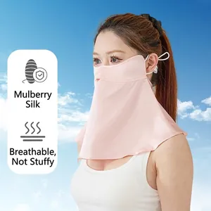 Breathable mulberry silk sun protection mask with integrated neck cover for women in pink