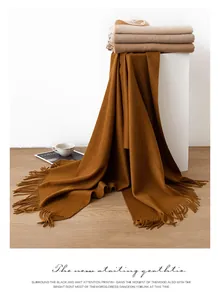 Detailed macro view of 100% heavy weight cashmere scarves in warm earth tones with fringe finish