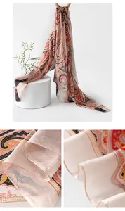 Close-up of bohemian paisley silk scarf showing elegant mulberry silk texture