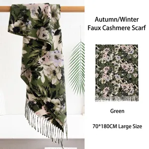 Sciarpa Donna Imitazione Cashmere Stampa Floreale Vintage Verde Scuro Caldo Scialle Grande con Nappine Morbido Poliestere Invernale