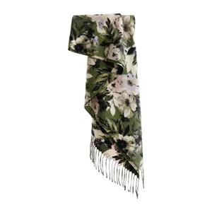 Elegante sciarpa a fiori verdi, tocco cashmere, scialle invernale stile vintage
