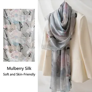 Women Mulberry Silk Scarf Long Shawl Ink Magnolia Print Elegant Lightweight Soft Silk Wrap For Vacation Daily Accessory