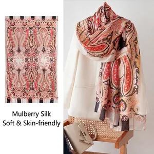 Luxury Mulberry Silk Scarf For Women Bohemian Paisley Print Large Shawl Lightweight Beach Vacation Silk Scarf Accessories