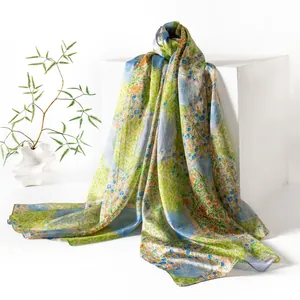 Elegant bohemian style floral printed mulberry silk long scarf and shawl for women