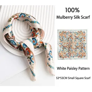 Pañuelo Cuadrado de Seda de Mora 100% Estilo Francés 53x53cm Estampado Paisley Vintage Elegante Bufanda de Seda para Mujer