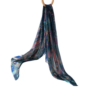 Elegant Bohemian paisley mulberry silk scarf with vibrant blue tones for ladies accessory