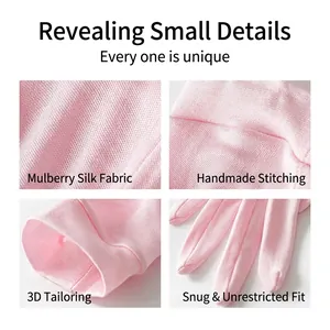 Pink mulberry silk sun protection gloves for women showing fabric texture and hand-stitching details