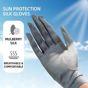 Women's mulberry silk sun protection gloves in grey for summer outdoor use