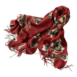 Elegante bufanda cálida de invierno tipo cachemira rojo vino con estampado floral