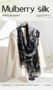 Detailed macro view of navy blue floral mulberry silk scarf draped on a white blazer