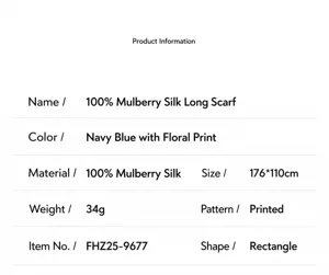 Comprehensive specifications and material details for 100% mulberry silk navy floral scarf