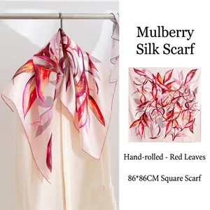 Women Luxury 100% Mulberry Silk Scarf Large Square Scarf Hand Rolled Edge Oil Painting Floral Artistic Print Sun Protection Shawl