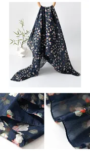 Close-up of elegant navy blue silk scarf with delicate floral print texture