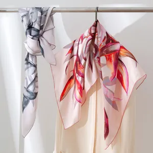 Elegant high-quality floral print silk square scarf and shawl with oil painting style