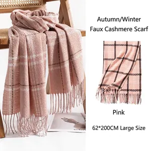 Écharpe à Carreaux en Imitation Cachemire pour Femme Hiver Chaude Épaissie avec Glands Style Coréen Tartan Imprimé Polyester Doux Long Châle pour le Quotidien