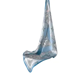 Elegant light blue mulberry silk square scarf with classical floral patterns 53cm