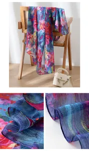 Close-up detail of luxury blue floral silk scarf showing sheer fabric and rose print