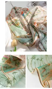 Close-up detail of premium mulberry silk shawl with vintage floral and bird prints