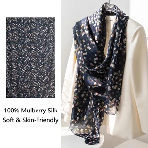 Elegant Mulberry Silk Scarf Long Floral Print Shawl For Women Lightweight Sun Protection Luxury Silk Wrap For Travel Party
