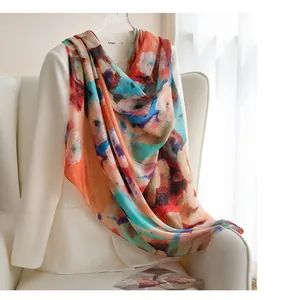 Macro detail of high-quality vintage oil painting style silk scarf draped on a white blazer