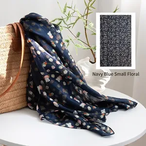 Elegant mulberry silk long scarf featuring a vintage navy blue small floral pattern for women.