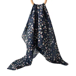 Navy blue 100% silk scarf with elegant floral print for sun protection and fashion
