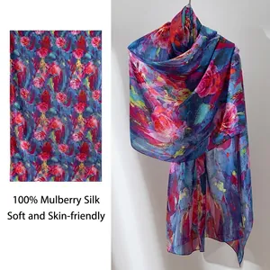 Luxury Mulberry Silk Scarf Large Shawl Vintage Oil Painting Rose Print Thin Sun Protection Beach Wrap For Women