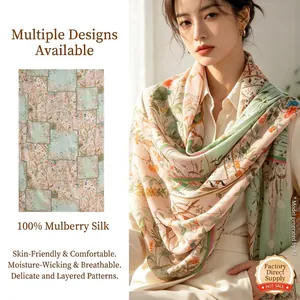 Women Mulberry Silk Scarf Long Sunscreen Shawl Vintage Oil Painting Floral Print Scarf Elegant Twill Silk Shawl For Women