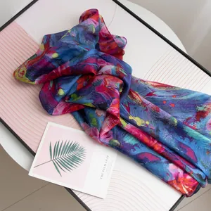 Elegant premium blue and pink floral silk scarf pashmina for summer beach protection.