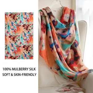 Vintage Oil Painting Mulberry Silk Scarf For Women Retro Floral Print Large Beach Towel Shawl Fashion Neck Scarf Accessory