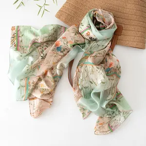 Elegant floral mulberry silk scarf long summer thin sun protection shawl gift for women