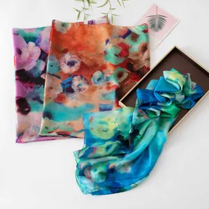 Elegant vintage oil painting style mulberry silk scarf with vibrant floral patterns