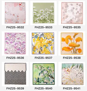 Grid display of nine luxury mulberry silk scarf patterns with floral and geometric prints