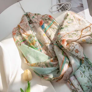 Elegant silk scarf with floral and bird patterns for summer sun protection shawl
