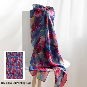 Mulberry silk scarf with dark blue oil painting rose print for summer beach