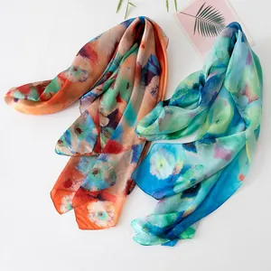 Elegant vintage oil painting style mulberry silk scarf with vibrant floral watercolor print