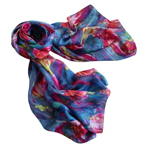 Mulberry silk scarf with blue and pink floral print for summer beach protection